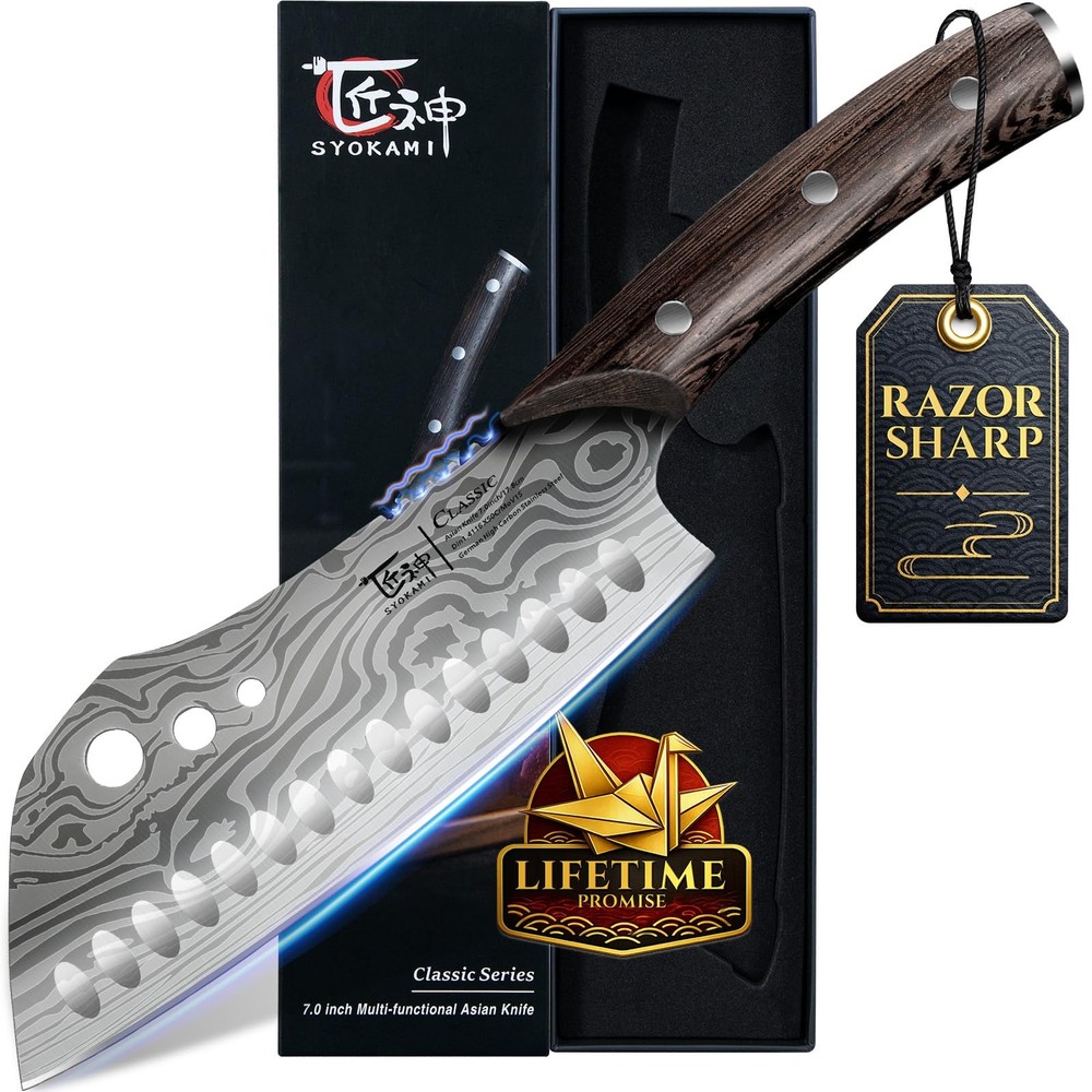 Cleaver Chef Knife with Herb Stripper, 7" Asian Kitchen Knife 3-in-1 Combined...