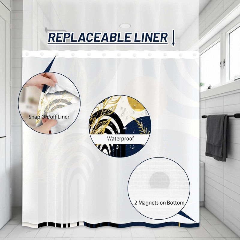 Boho Mid Century Modern Hookless Shower Curtain with Snap in Liner, Navy Blue an gallery