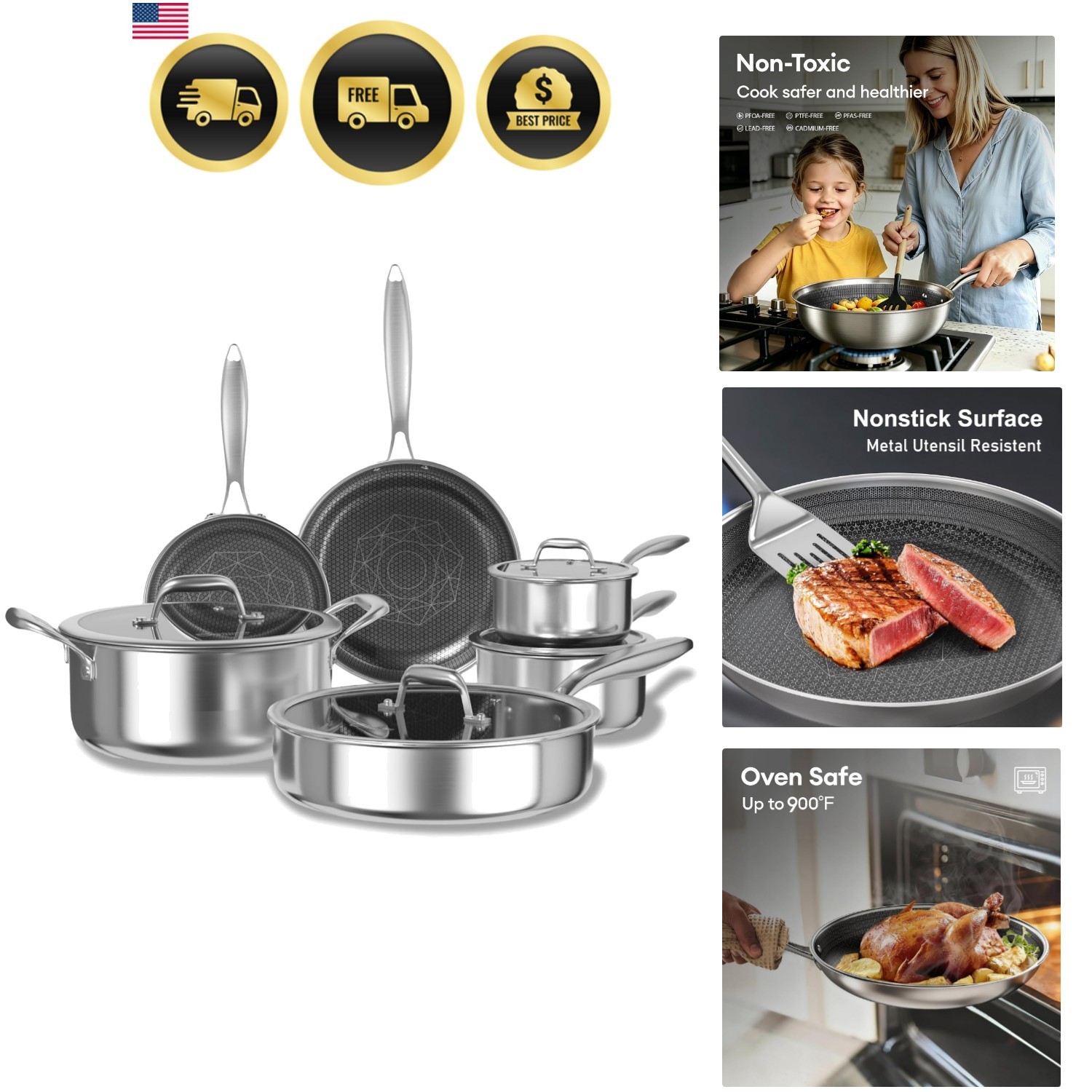 Non Stick Pots and Pans Set, 10pcs Hybrid Stainless Steel Cookware Set, Fryin... gallery