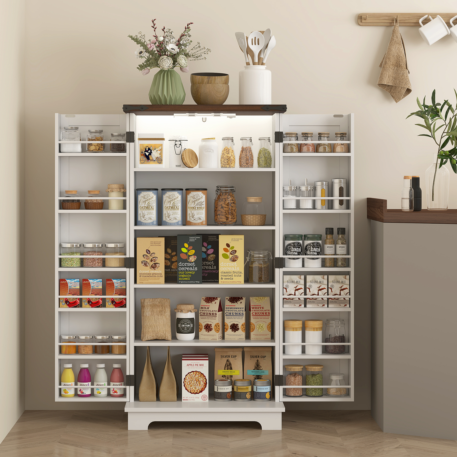 HOMCOM Kitchen Pantry Cabinet with Sensing LED Light Storage Cabinet White gallery