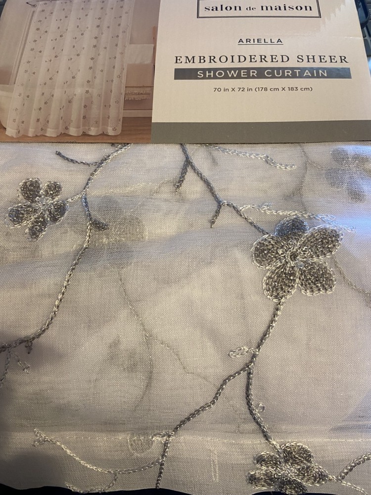 New white sheer embroider Silver vining Leaves fabric SHOWER CURTAIN metallic