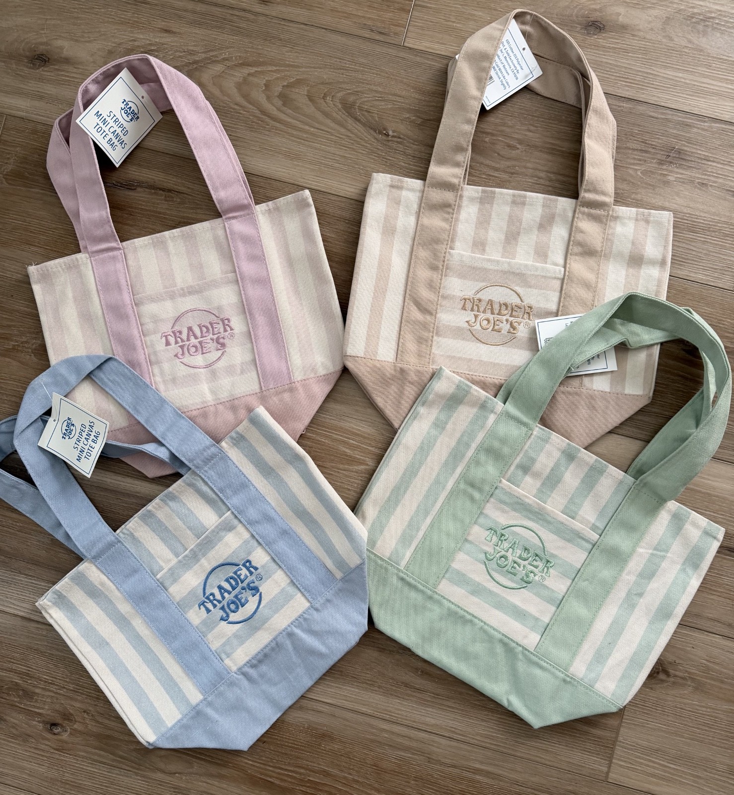 Trader Joe's MINI PASTEL STRIPE CANVAS TOTE BAGS Set of 4 PINK BLUE GREEN BEIGE gallery