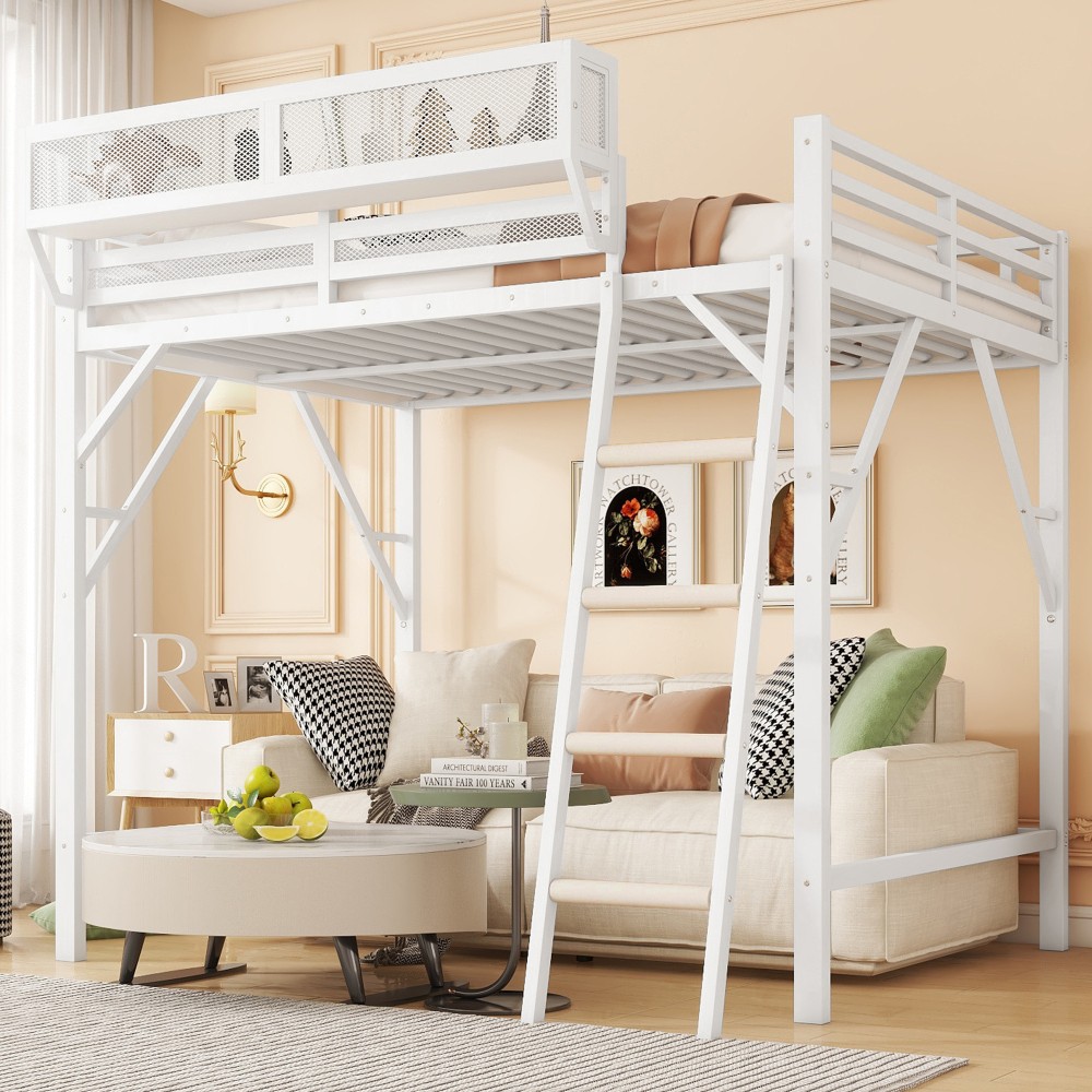 Queen Size High Loft Bed with Ladder, Metal Queen Loft Bed with Storage Shelves gallery