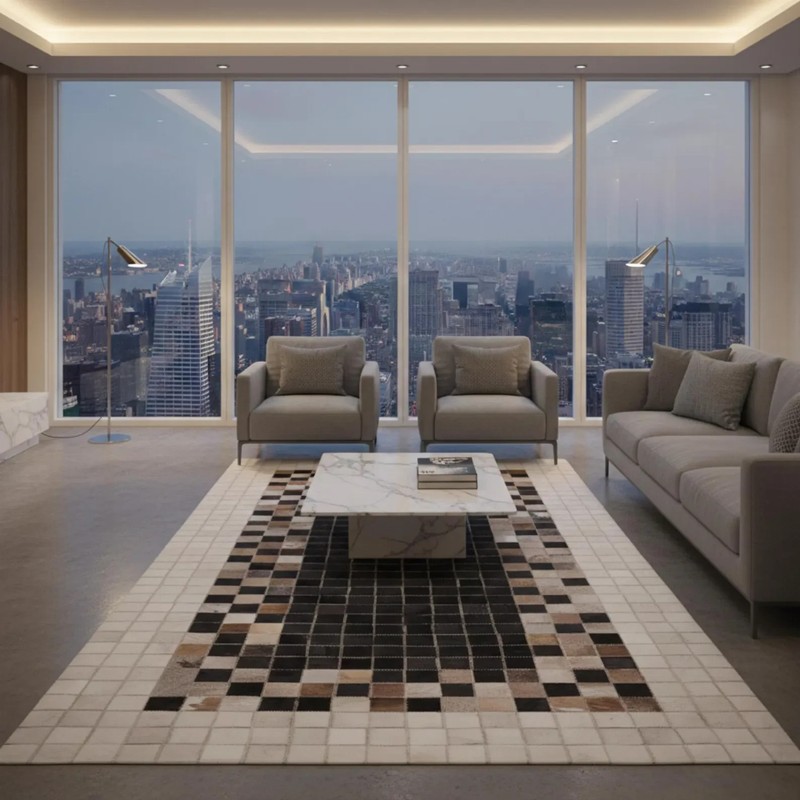 Handmade Cowhide Leather Patchwork Rug Black White Modern Area Rug Living Room gallery