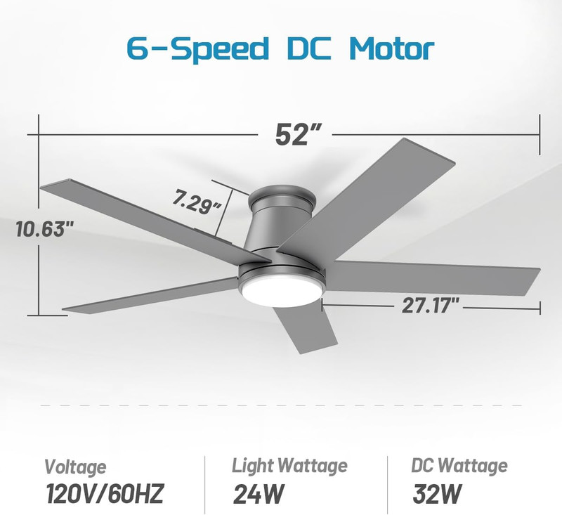 Matte Silver 52" Flush Mount Ceiling Fan with Light & Reversible DC Motor gallery