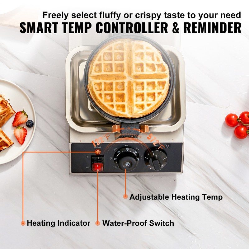 Commerical Round Waffle Maker 1300W Rotatable Non-Stick Waffle Iron 120V gallery