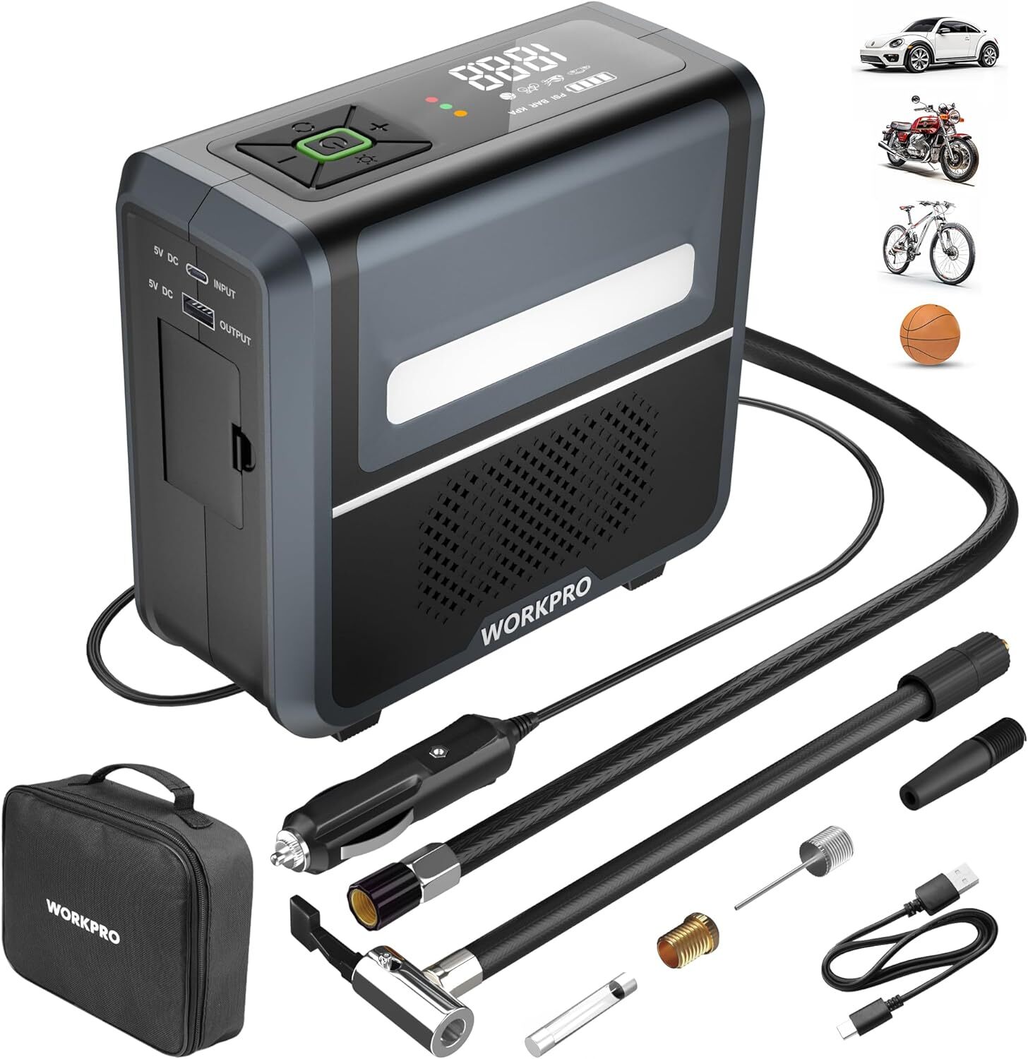 WORKPRO Tire Inflator Portable Air Compressor-12V w/7500mAh Battery150PSI 3-in-1 gallery