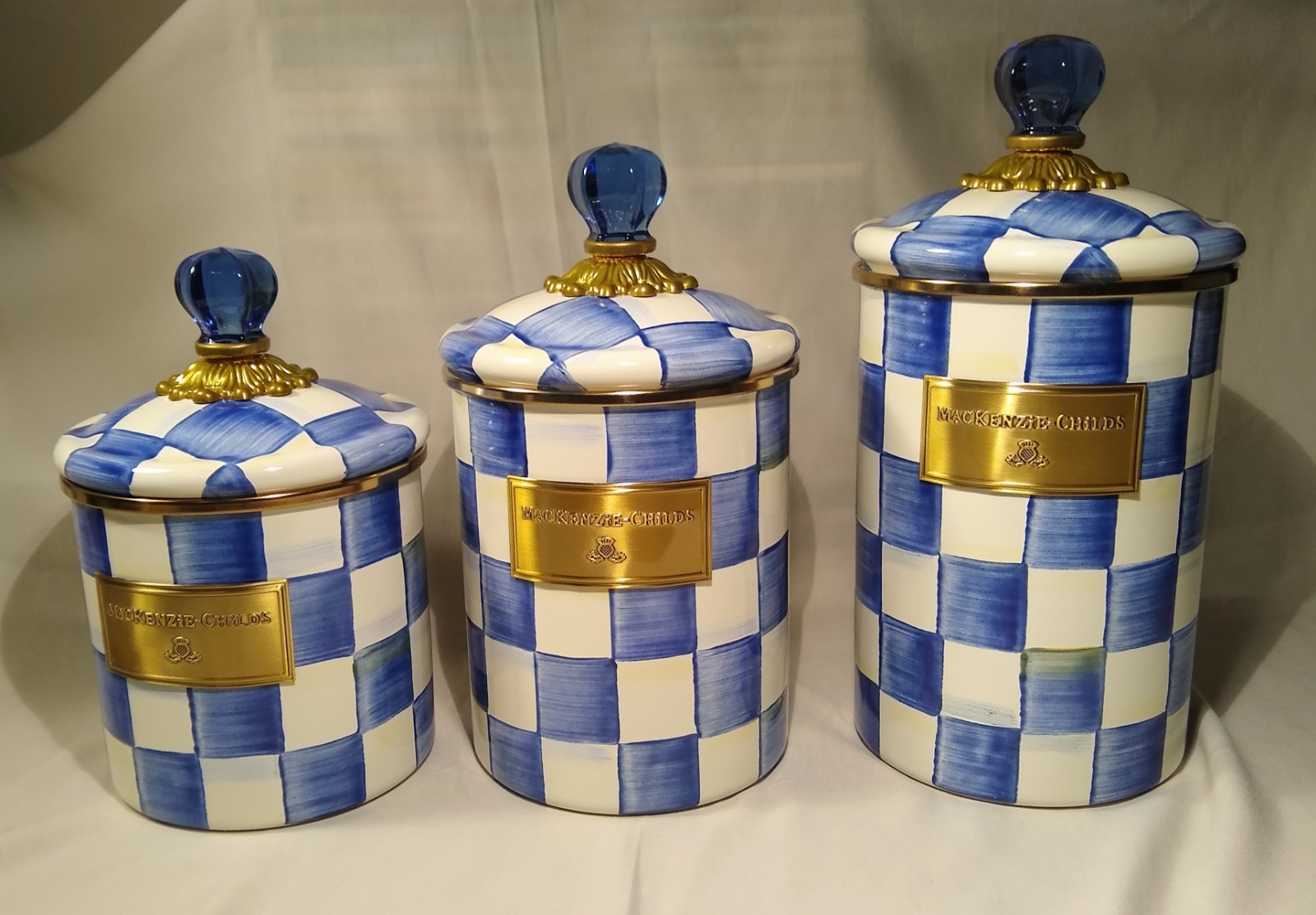 Mackenzie Childs ROYAL CHECK Canisters –Set of 3 -BRAND NEW -Larger Set S,M, L gallery