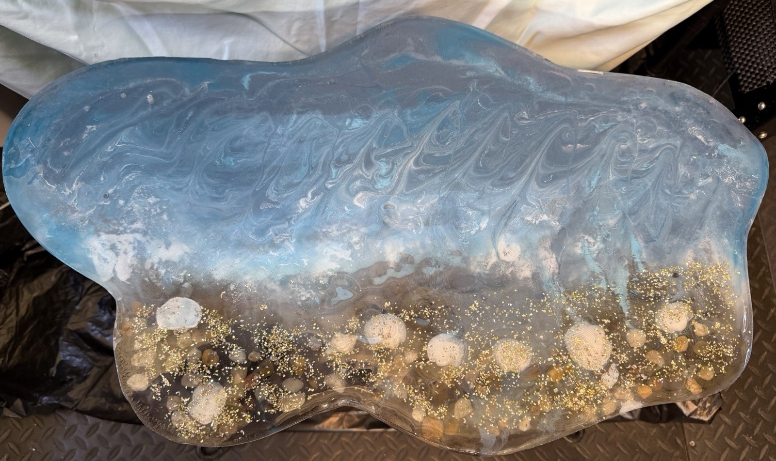 Handmade Resin Coastal Free Form End Table Blue Gold Ocean Theme 24x14.5x17.5in gallery
