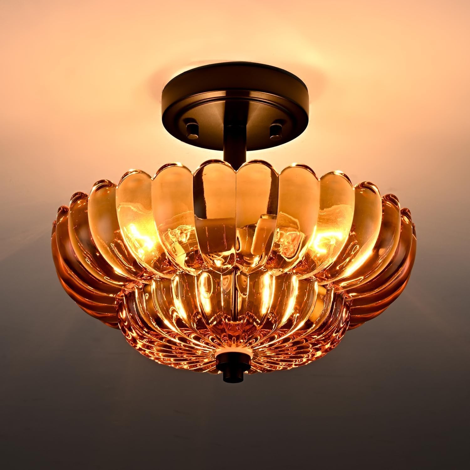 Modern Vintage Semi Flush Mount Ceiling Light Fixture, Amber Glass 3-Light gallery