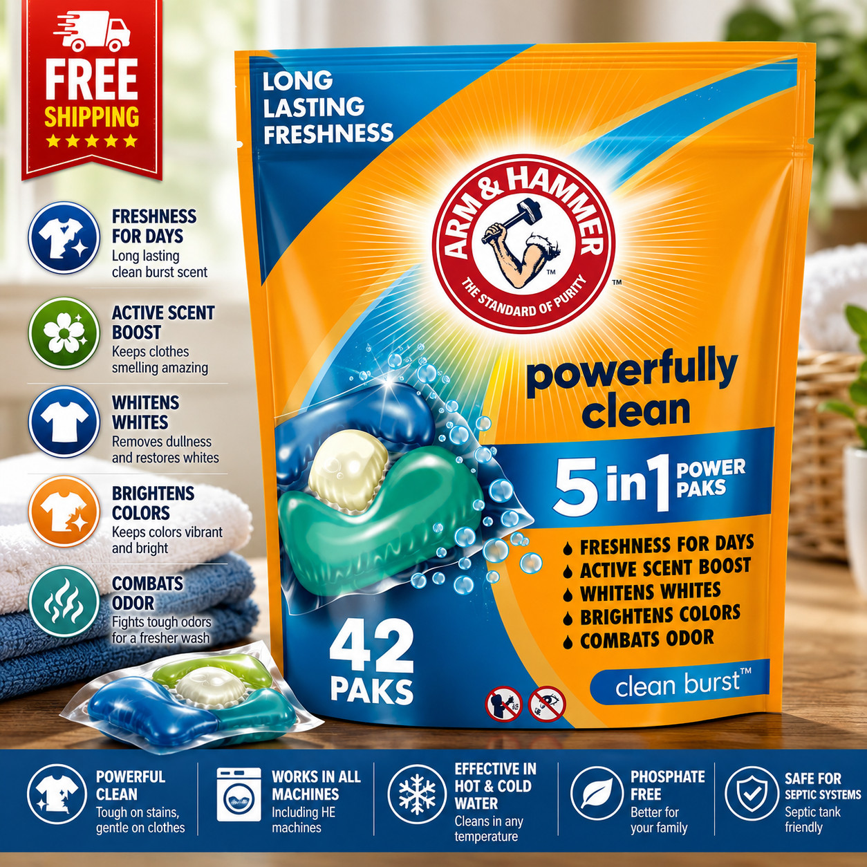 Arm & Hammer Clean Burst 5-in-1 Laundry Detergent Power Paks 42 Count gallery