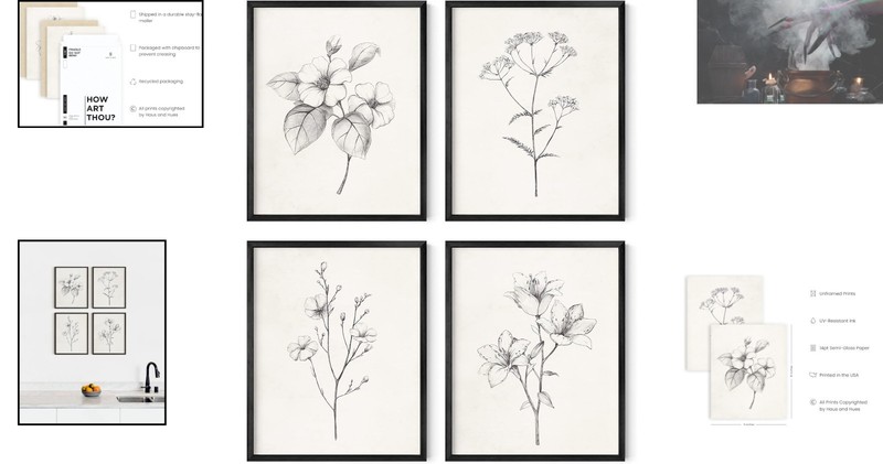 Rustic Grey Floral Wall Art Set - 4 Unframed 8x10 Vintage Botanical Prints gallery