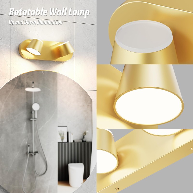 2 Light Bathroom Vanity Light, LED Gold Wall Light Fixtures, Up and Down Rota... gallery