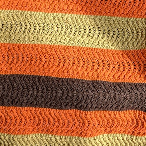 Vtg Crocheted Afghan Throw Blanket Fall Halloween Orange Yellow Brown 78x82 gallery