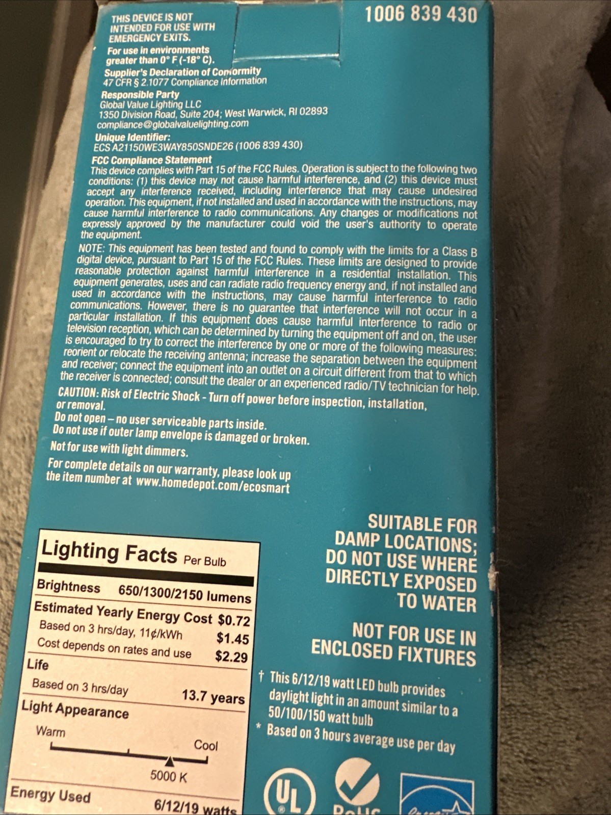 EcoSmart A21 Energy Star 3-Way LED Light Bulb Daylight FG-04257 gallery