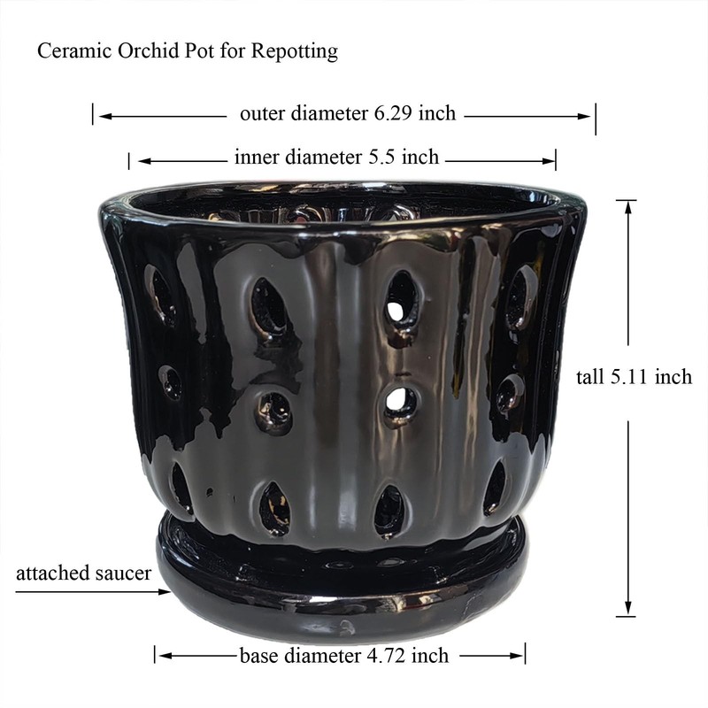 6'' Ceramic Orchid Pot with Drainage Hole and Saucer Black Planter gallery