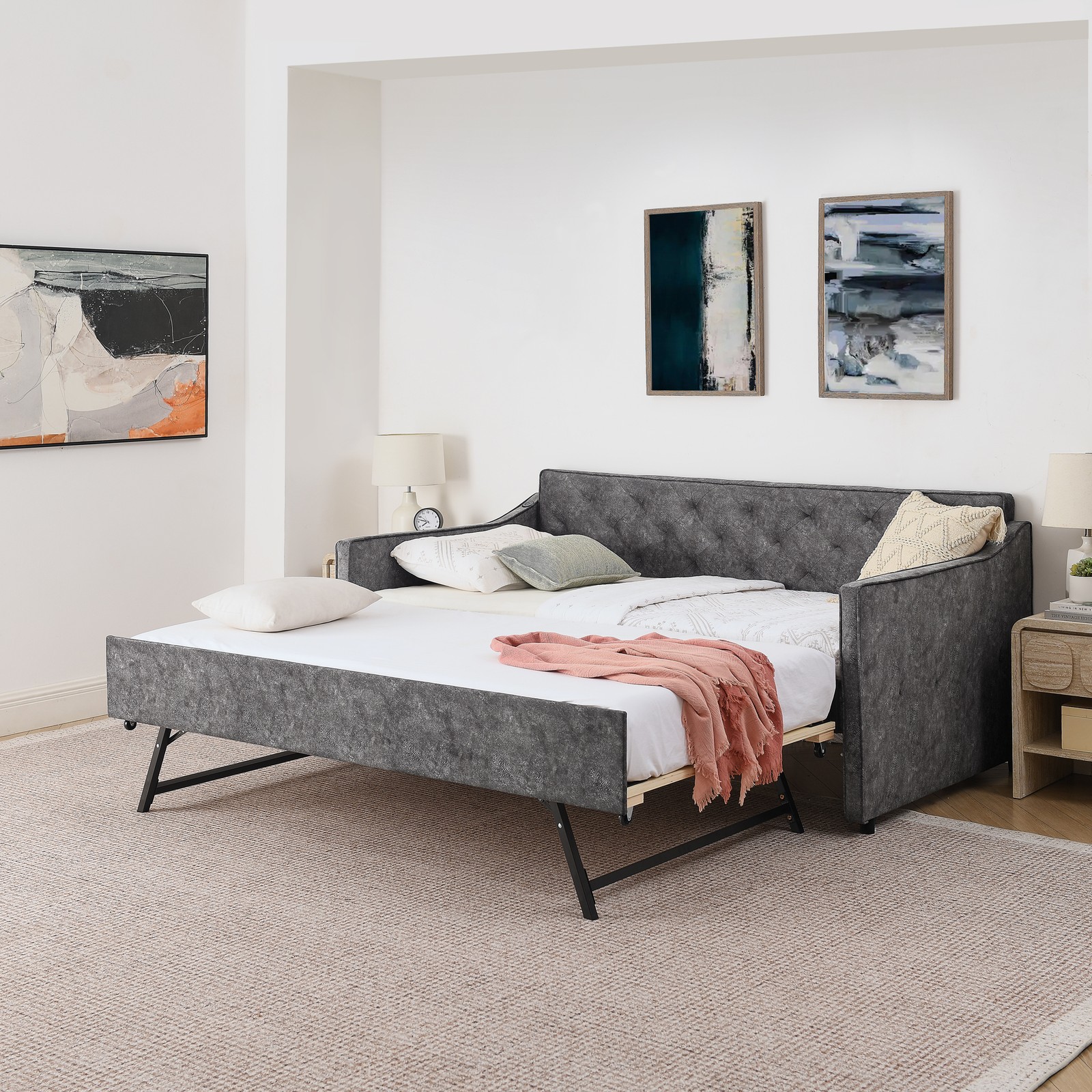 Twin Size Velvet Upholstered DayBed Sofa Bed W/Twin Size Pop-up Trundle USB Gray gallery