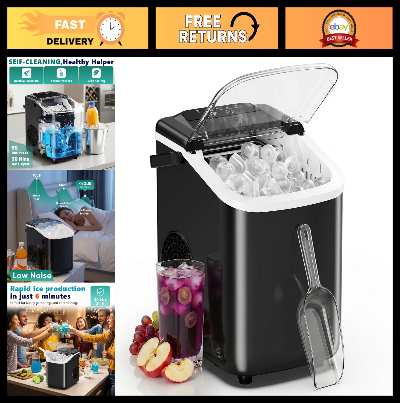 Portable Ice Maker Machine - 9 Cubes in 6 Mins, 26.5lbs/24Hrs, Scoop & Basket, I gallery