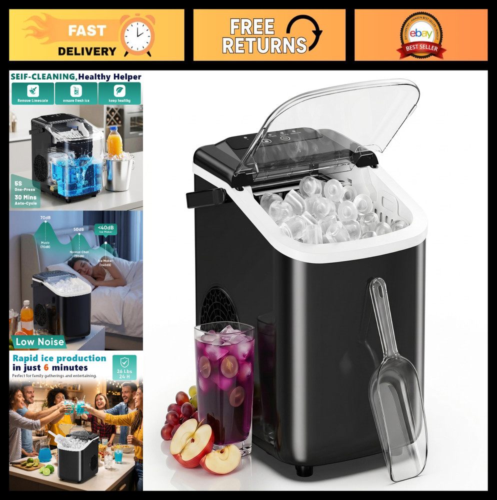 Portable Ice Maker Machine - 9 Cubes in 6 Mins, 26.5lbs/24Hrs, Scoop & Basket, I