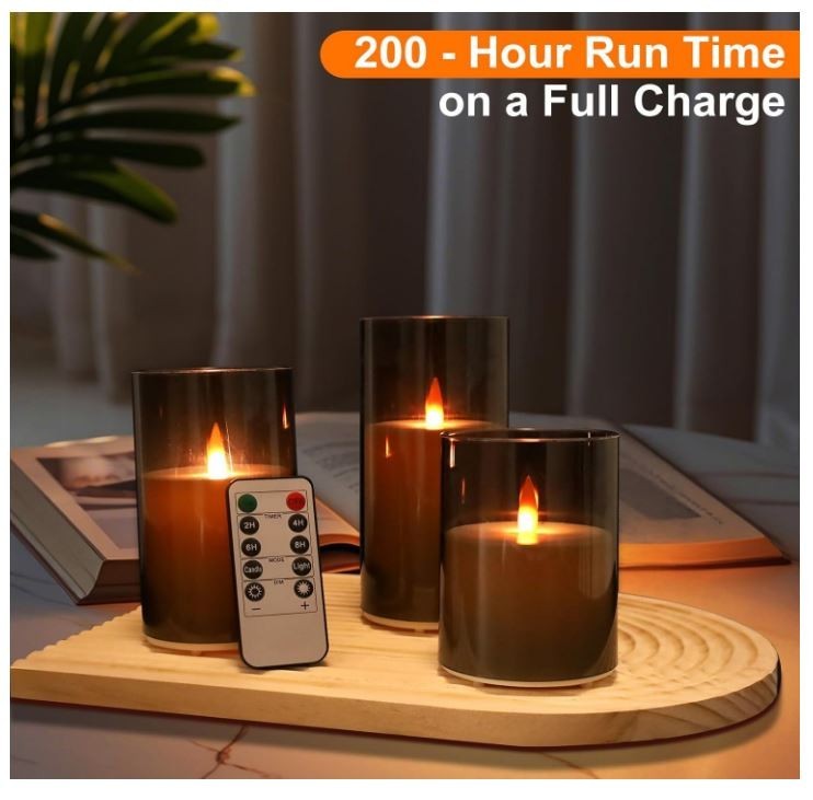 200 Hour Flameless Candles with Remote, Rechargeable Flickering Glass Gray 3PCS gallery