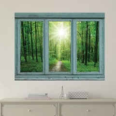 Window Looking Out Into a Green Forest and the Sun – Wall Mural – 36×48 inches