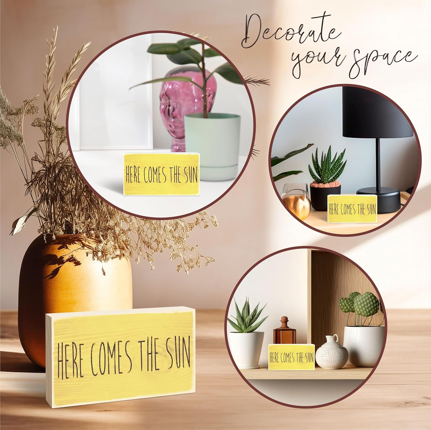 Rustic Wooden Block Sign - Here Comes the Sun - 3"X5" Pine Wood Plaque, Home & O gallery