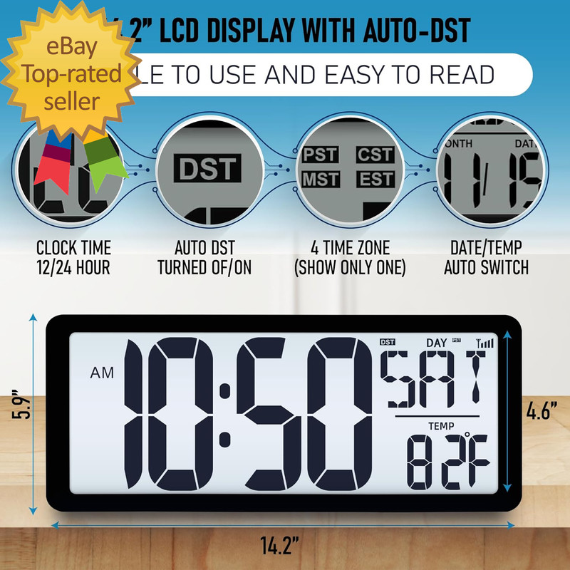 Atomic Clock with Backlight, 14.2" Large Digital Wall Clock Battery Operated gallery