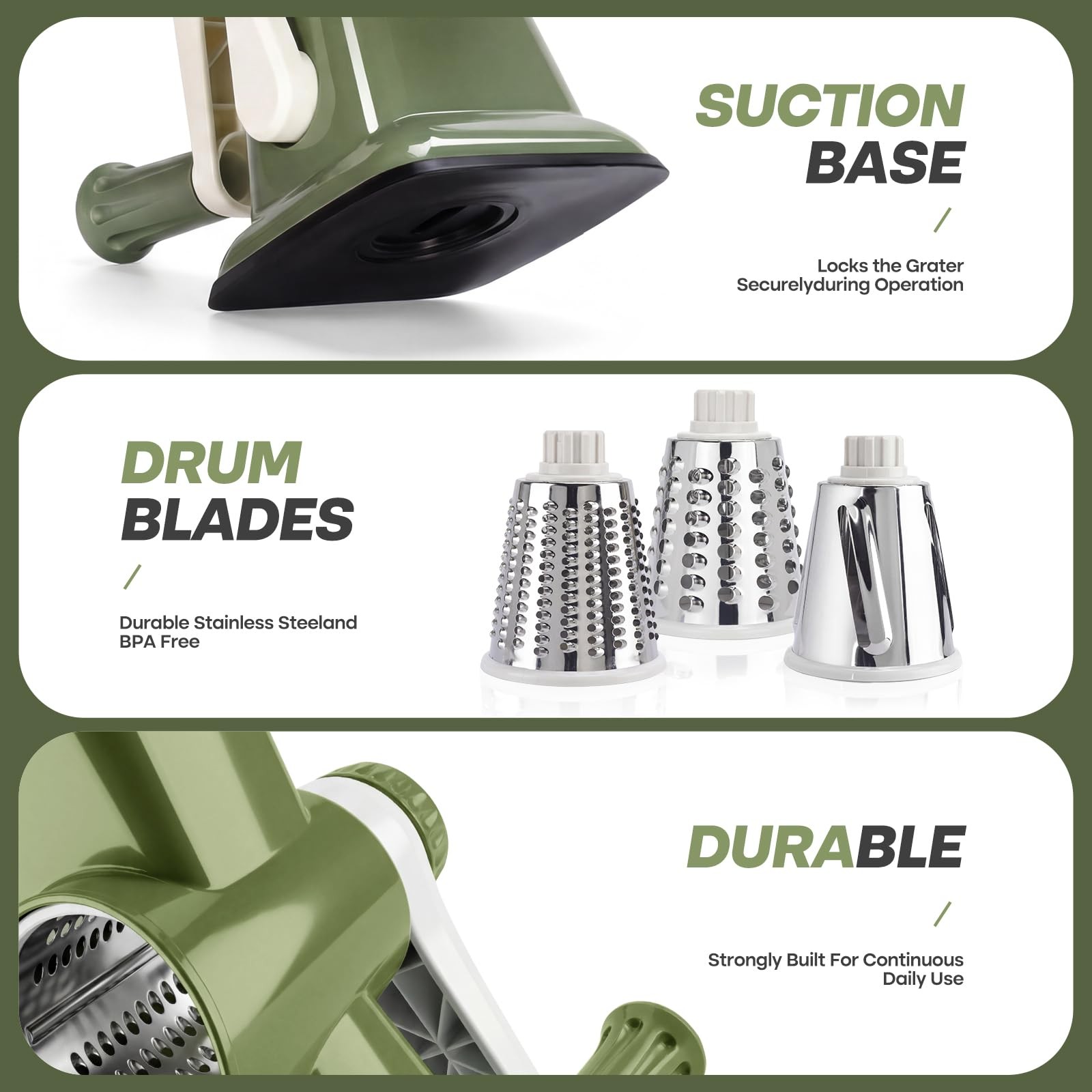 Rotary Cheese Grater & Cheese Shredder Hand Crank, Manual Cheese Grater,3-Blade gallery
