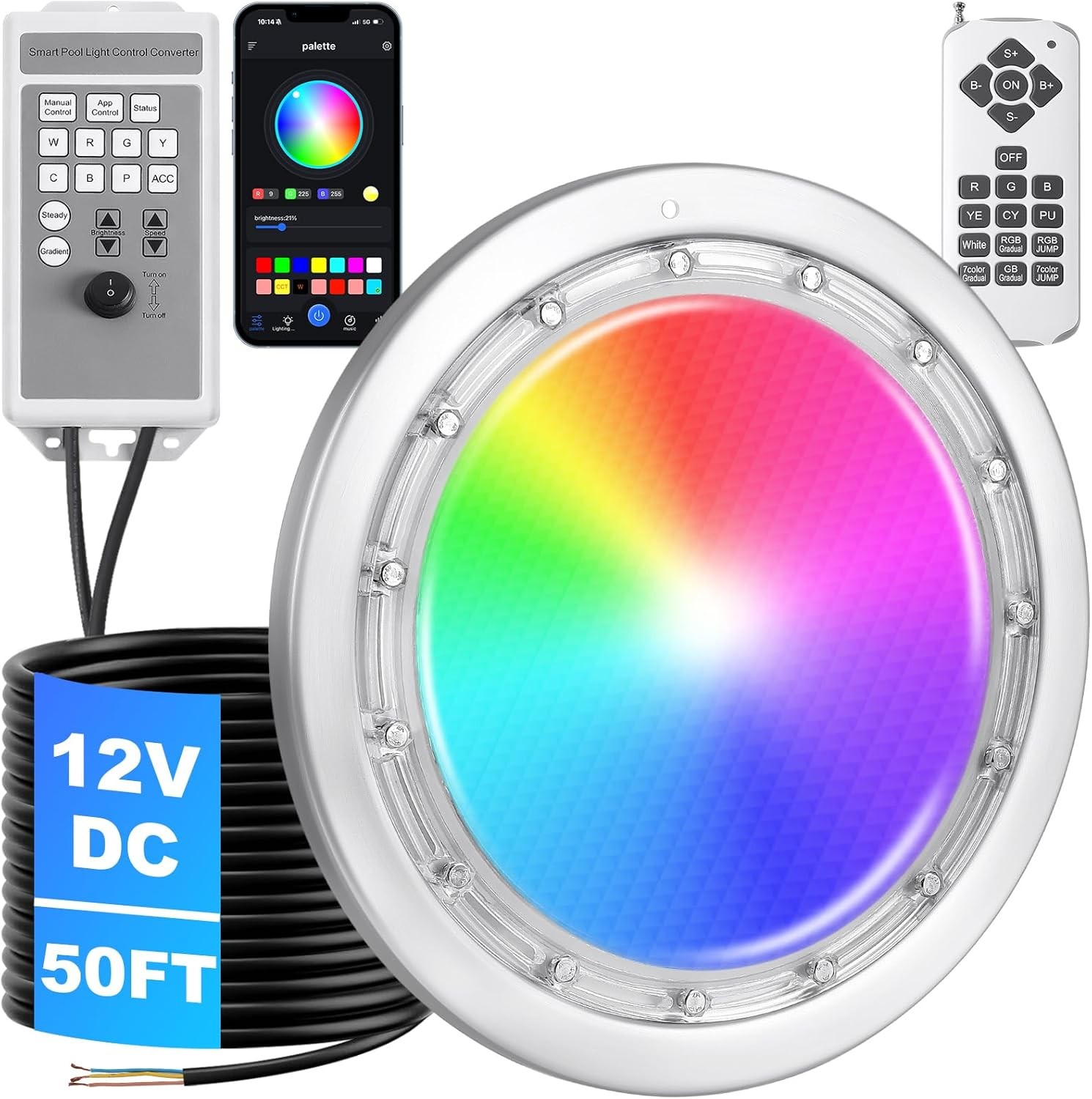 Inground LED Pool Light 12V 60W 10 Inch 50FT Cord APP gallery