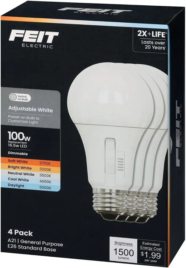 ADJUSTABLE !! Feit A21 E26 (Medium) LED Bulb White 100 Watt Equivalence 4 pk NEW gallery