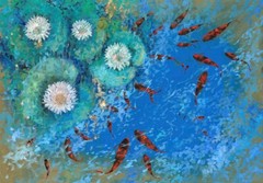 ceramic tile mural backsplash. medallion pool. Pond with koi fish, lily flowers