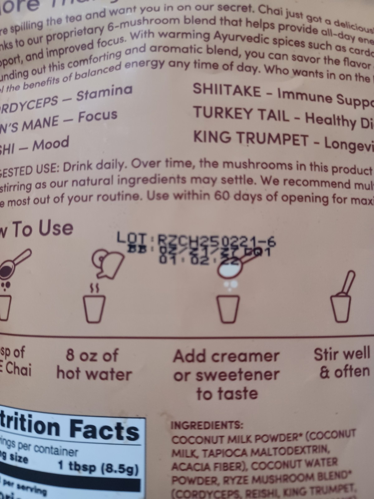 RŸZE Mushroom Chai With 6 Adaptogenic Mushrooms Beverage Powder Exp. 02/2027 gallery
