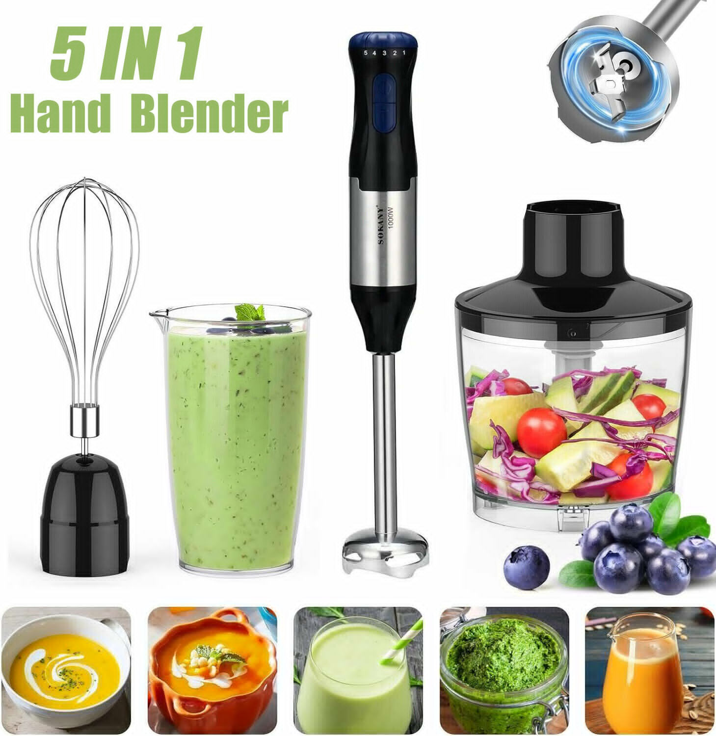 1000W 5 Speed 5 In 1 Immersion Electric Hand Blender Stick Chopper Mixer Juicer gallery