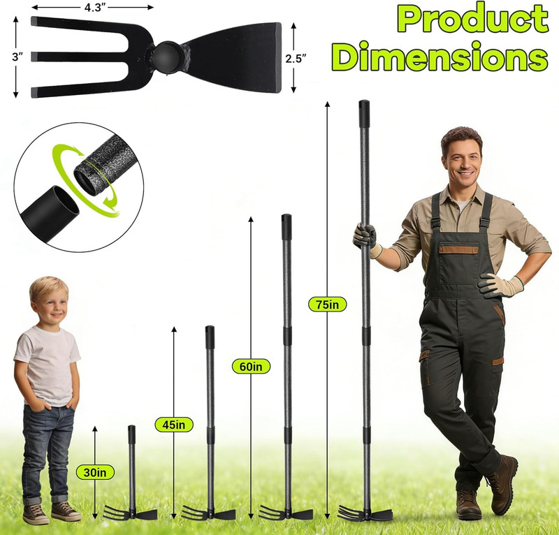 Hoe Garden Tool, 30-75 Inch Adjustable Garden Hoe Long Handle for Weeding, 2 in gallery