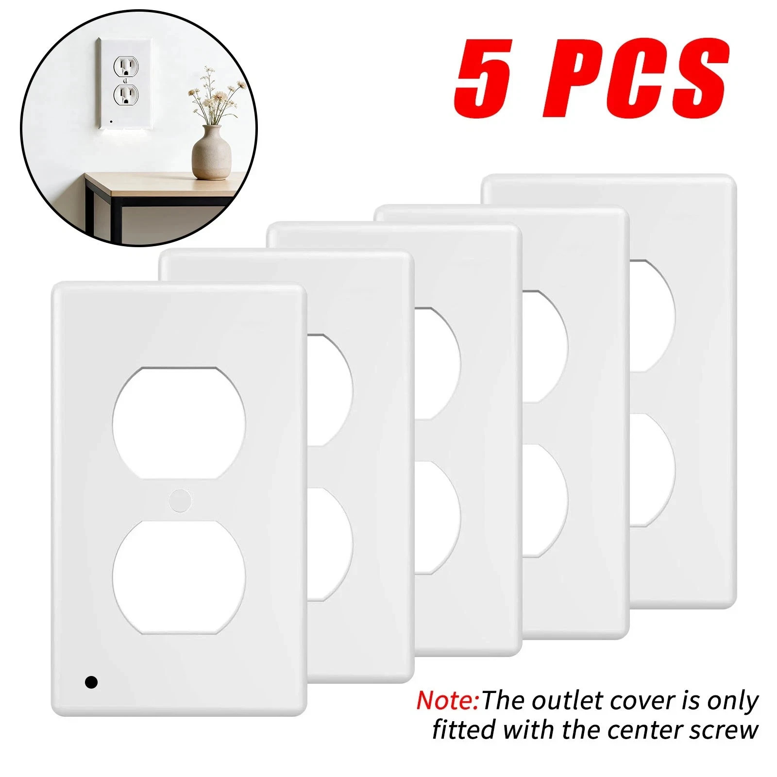 5 Pack Outlet Cover Built-In LED Night Light Bulbs Wall Plate Rounded Receptacle gallery