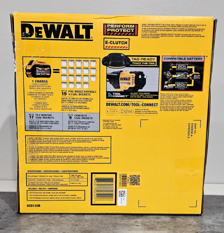 NEW! DeWalt 60V Max FlexVolt Mixer / Drill w/ E-Clutch System DCD130B gallery