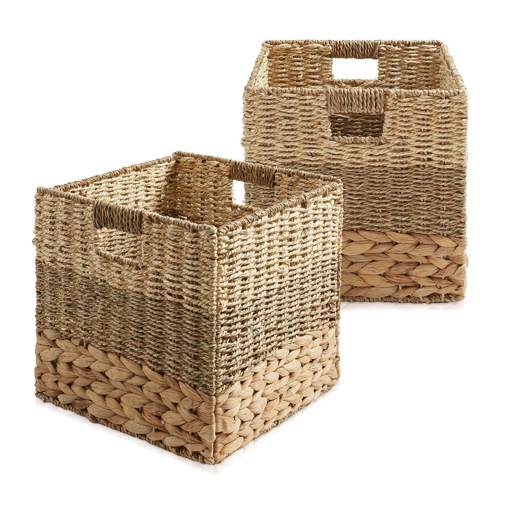2pk 10.5" Mixed Weave Storage Cubes, Square Shelf Basket Bins, Natural Wicker