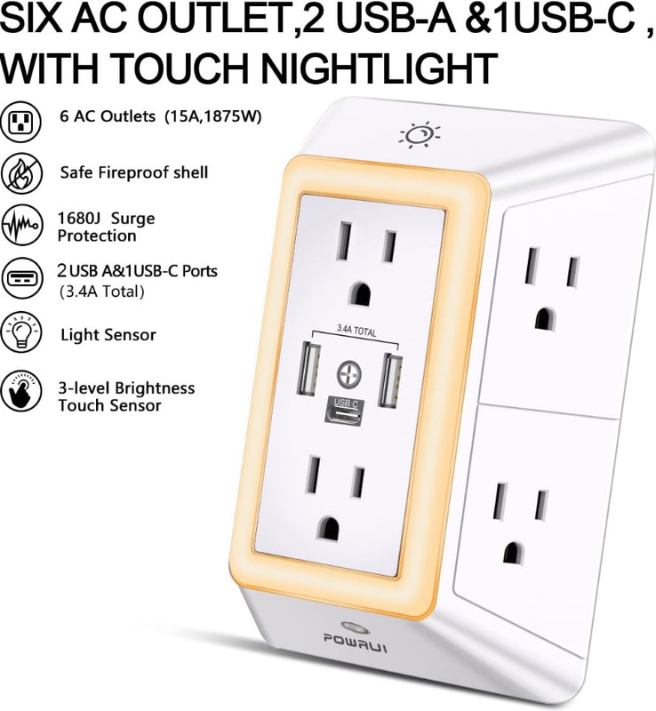 Multi Plug Outlet Surge Protector - POWRUI 6 Outlet Extender with 3 USB Ports... gallery