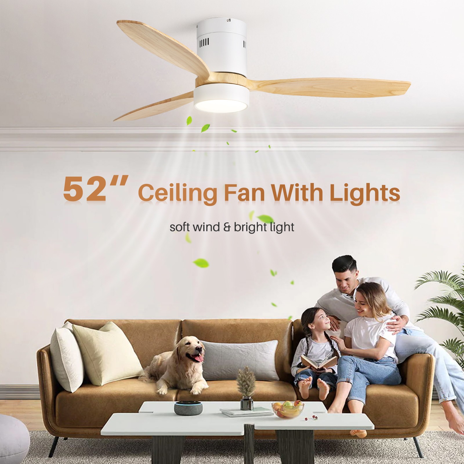 Sofucor 52 inch Solid Wood Low Profile Ceiling Fans w/ Lights and Remote Bedroom gallery