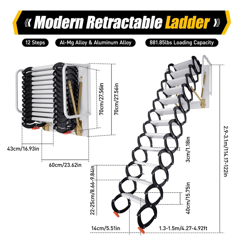 10ft Pull Down Folding Attic Ladder 12 Steps Anti-slip Wall-mounted Stairs gallery