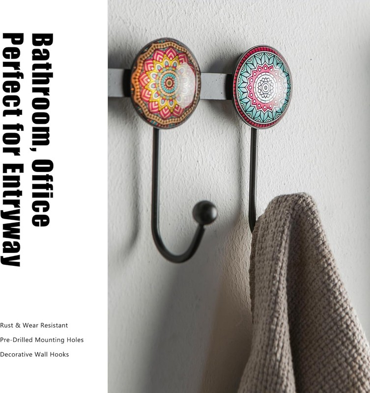 Boho Coat Rack Wall Mounted with 5 Hooks, Multi-Color Mandala Pattern Decorative gallery