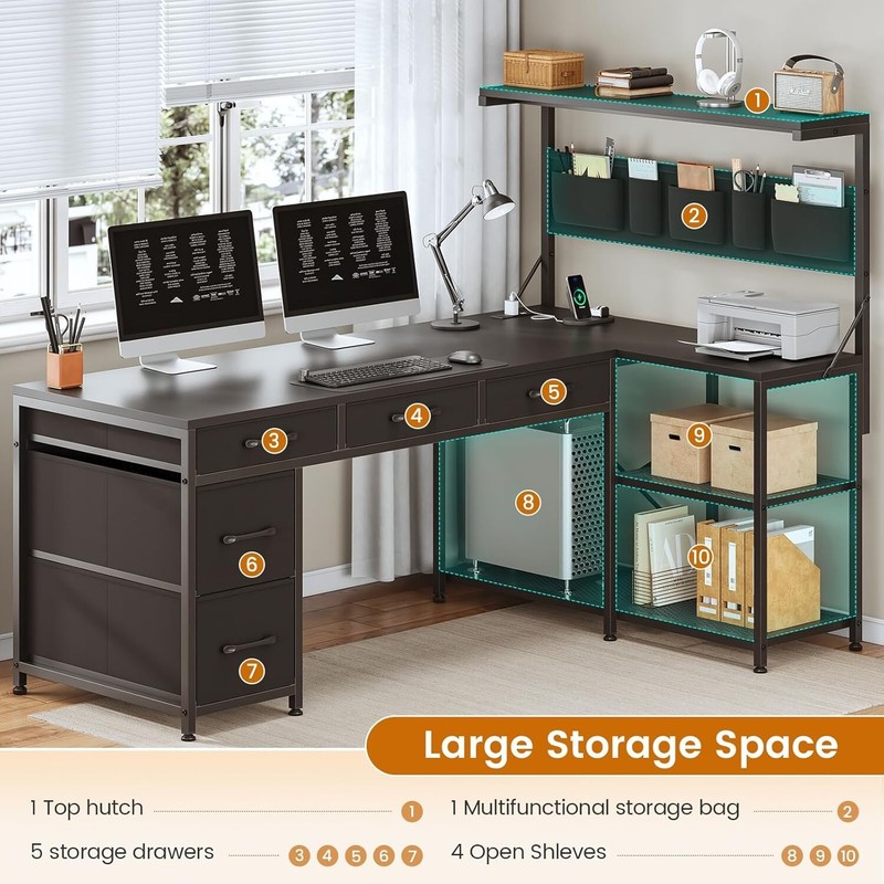 Corner Computer Desk, Reversible L Shaped office Desk with 5 Drawers&LED Lights gallery