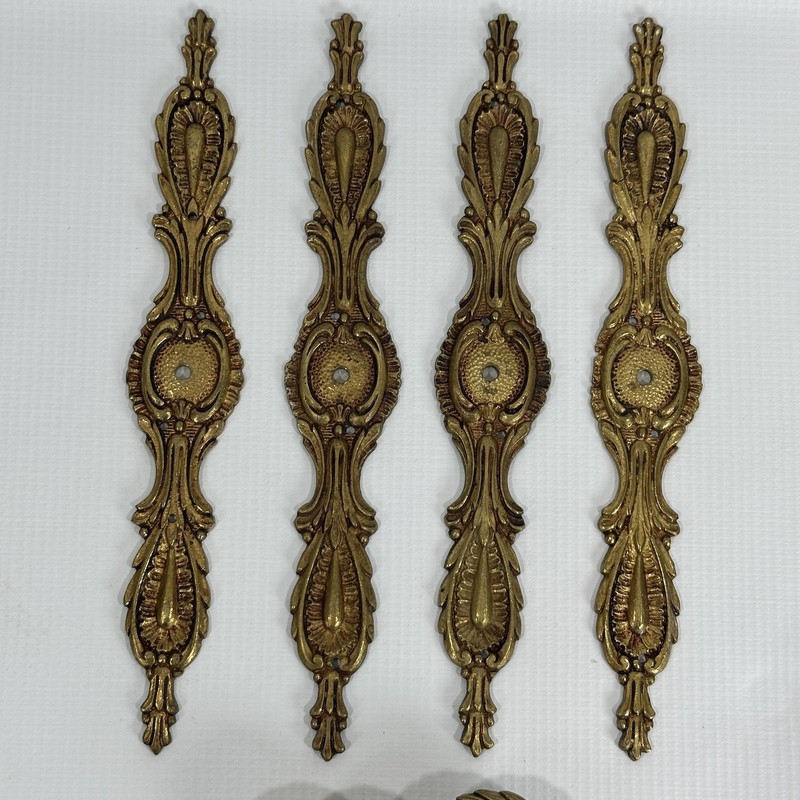 Vintage Solid Brass Cabinet Knobs w Backplate Set 4 Spain Baroque Rococo gallery