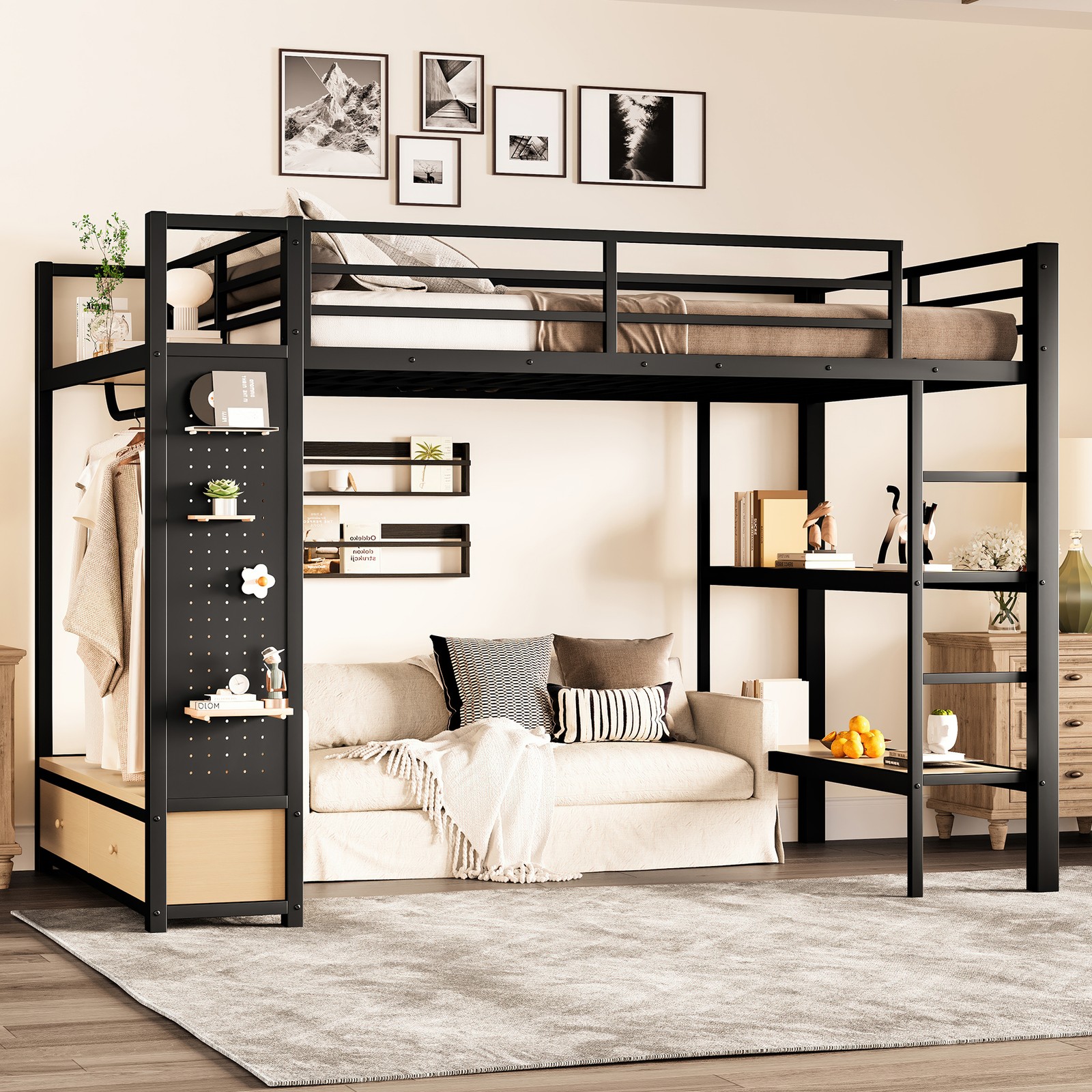 Full Size Loft Bed Frame w/Wardrobe,Metal Loft Bed with Storage Shelves Black gallery
