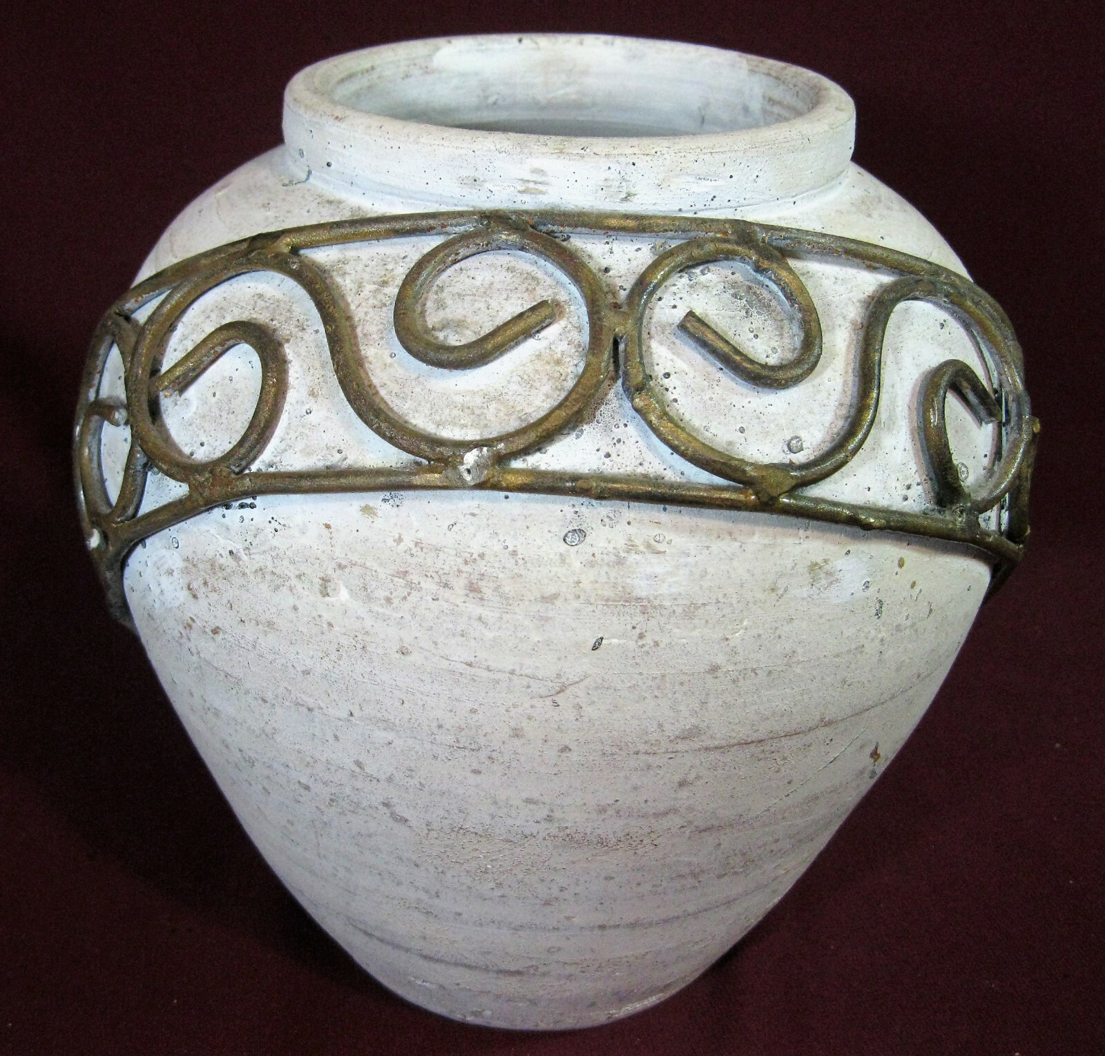 Decorative Vase/Flower Pot, Fired Clay w/ Metal Wrap (swirls), 6½ Pounds. LH1 gallery
