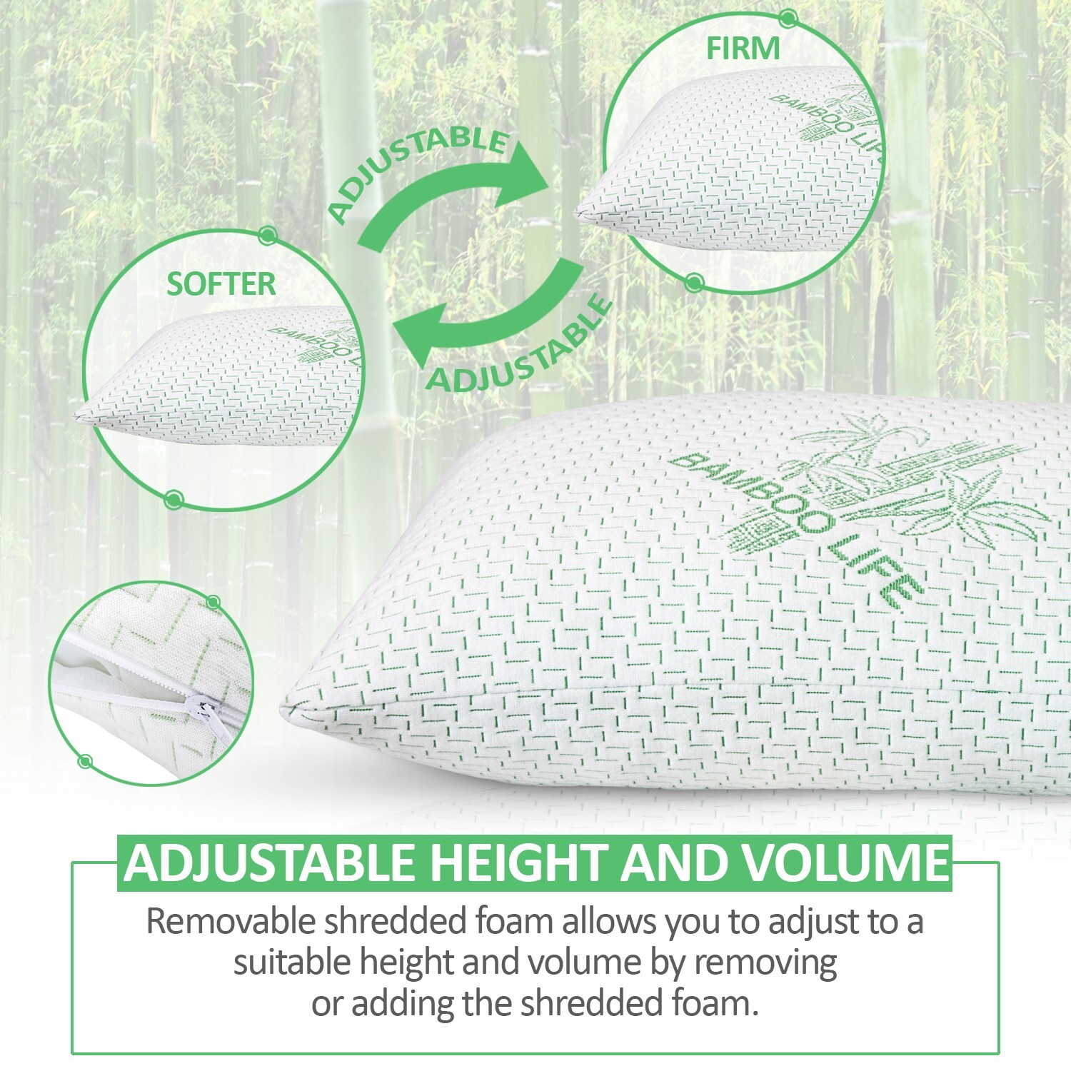 Elif Bamboo Pillows Adjustable Shredded Memory Foam Bed Pillows King or Queen gallery