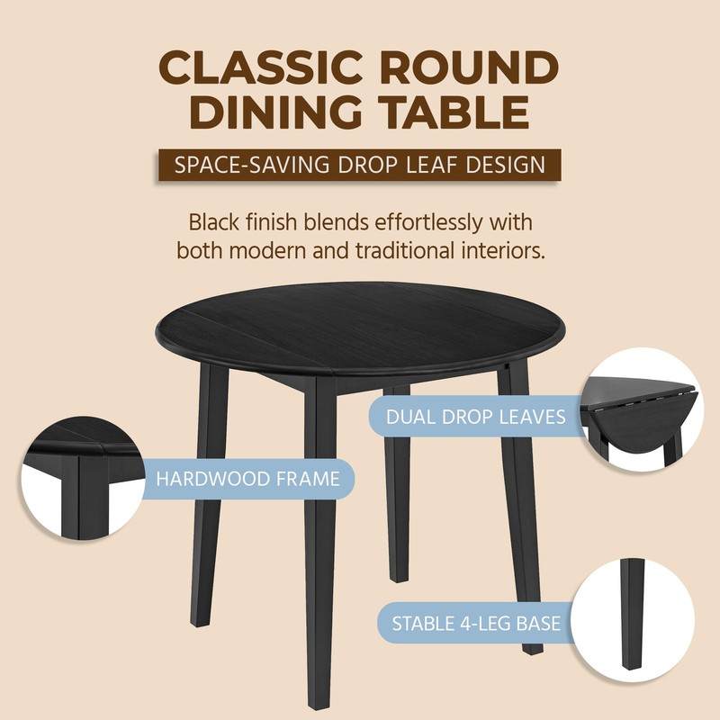 ROME + OAK Hinged Drop Leaf Dining Table, 22 to 36 Inch Round Tabletop, Black gallery