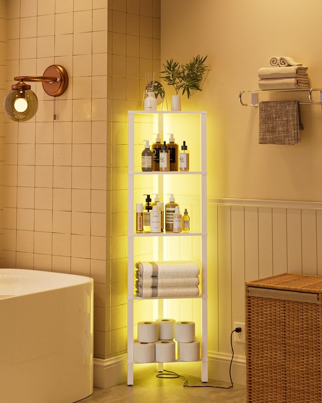 Corner Shelf with LED Light, 5-Tier Corner Bookshelf, Narrow Display Shelf with gallery
