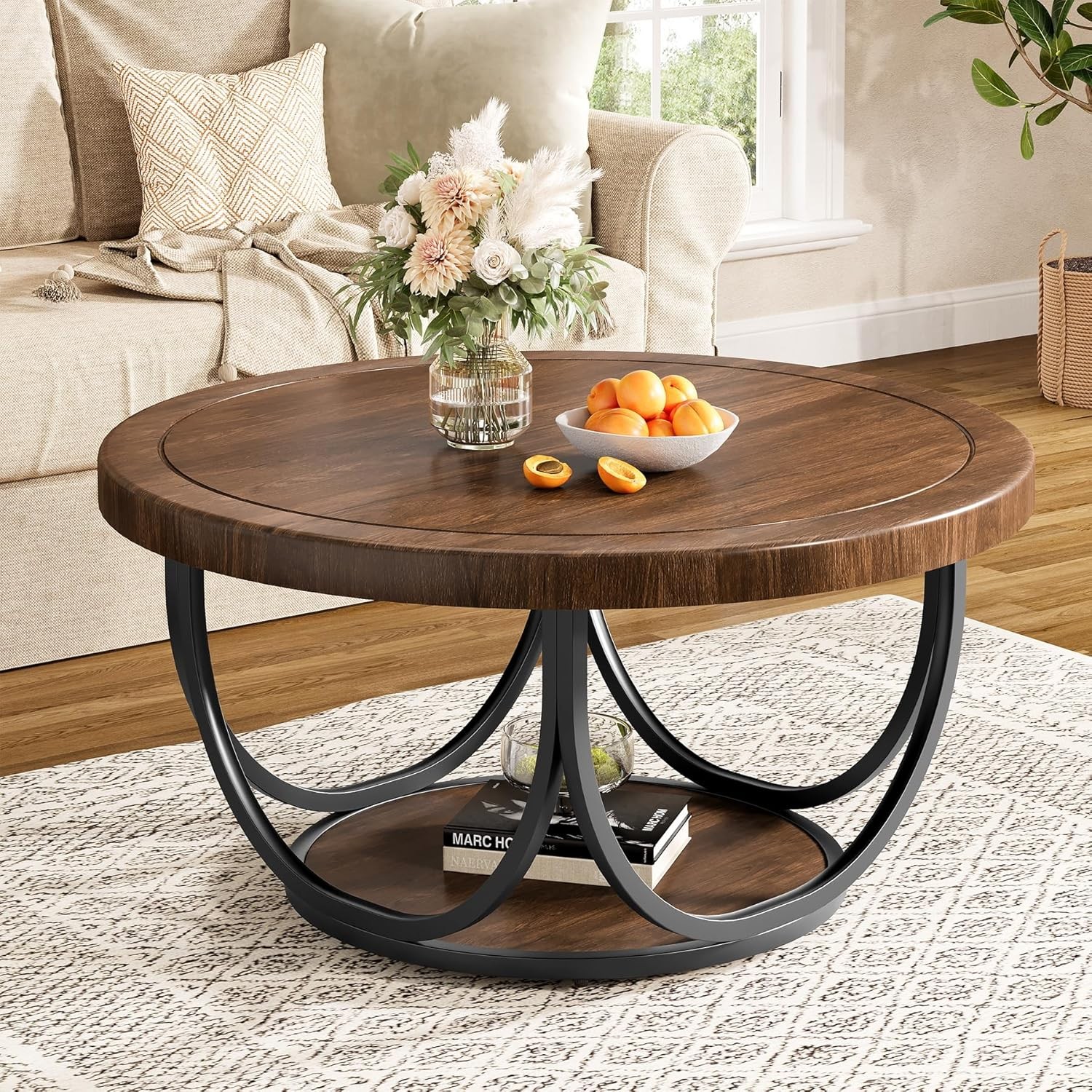 31.5'' Round Coffee Table Wooden Circle Accent Cocktail Table with Storage Shelf gallery