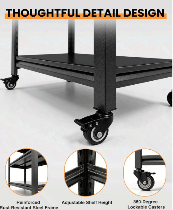 52" Rolling Work Table, Adjustable Height Workbench w/ Pegboard gallery
